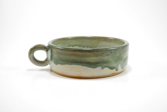 White and green cereal bowl with thumb handle - pottery cereal bowl - stoneware soup bowl - thumb grip bowl - bowl with handle - bowl set