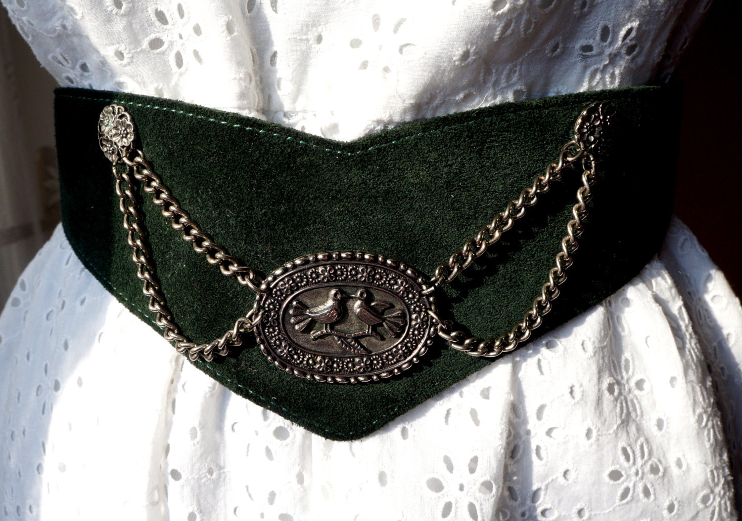 Vtg Black Bavarian Dirndl Folk Silver Heart Stud Buckle Suede Belt UK 14/16