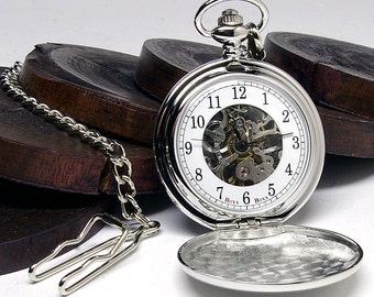 Custom Engraved Silver Skeleton Pocket Watch - Gift Boxed PW-1-M-ARB
