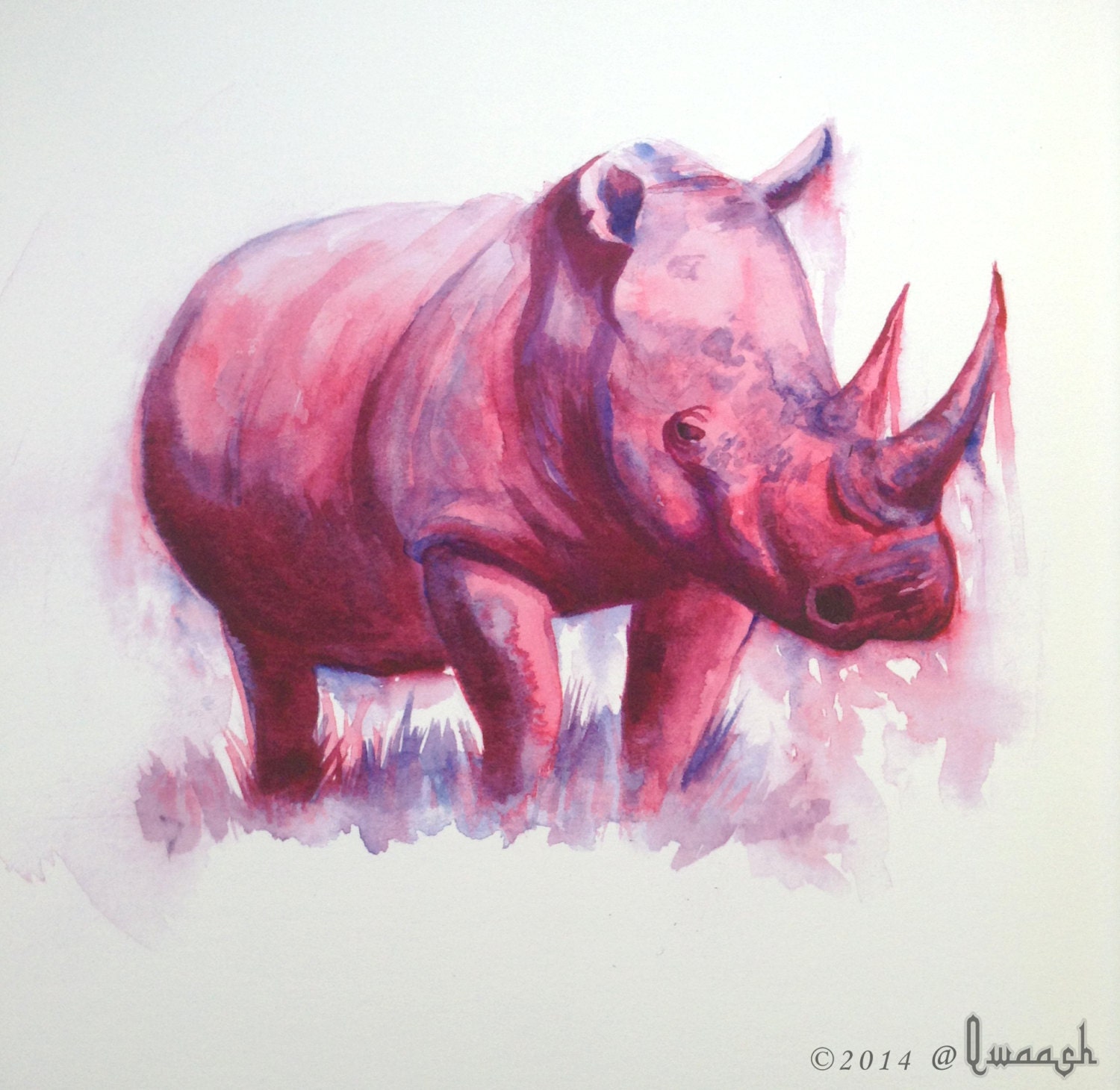 Pink Rhino Print from original Watercolour painting