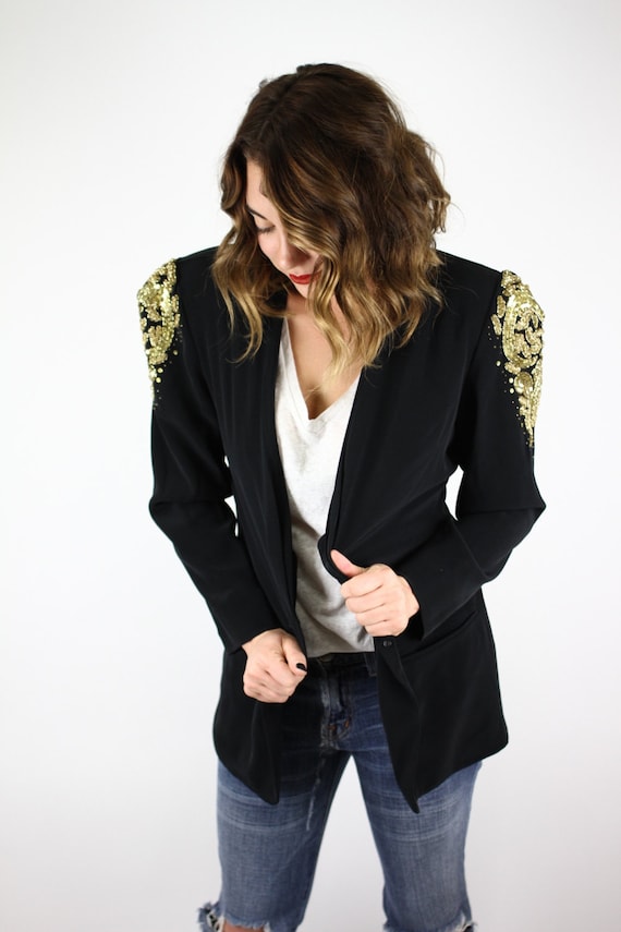 80's GOLD SEQUIN embellished black BLAZER