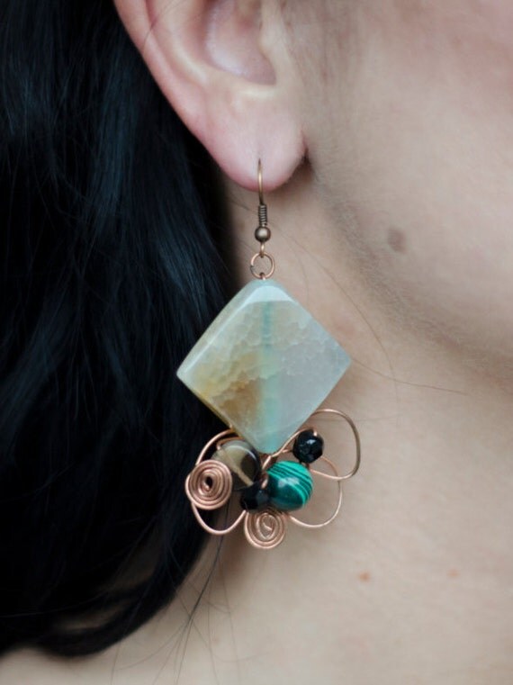 Green brown earrings Boho style handmade earrings Earrings