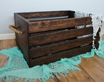 Rustic Wood Crate with Rope Handles - Large 20x16x11.75