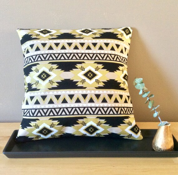 Aztec Pillow Cover Metallic Gold and Black by BebeFabricStudio