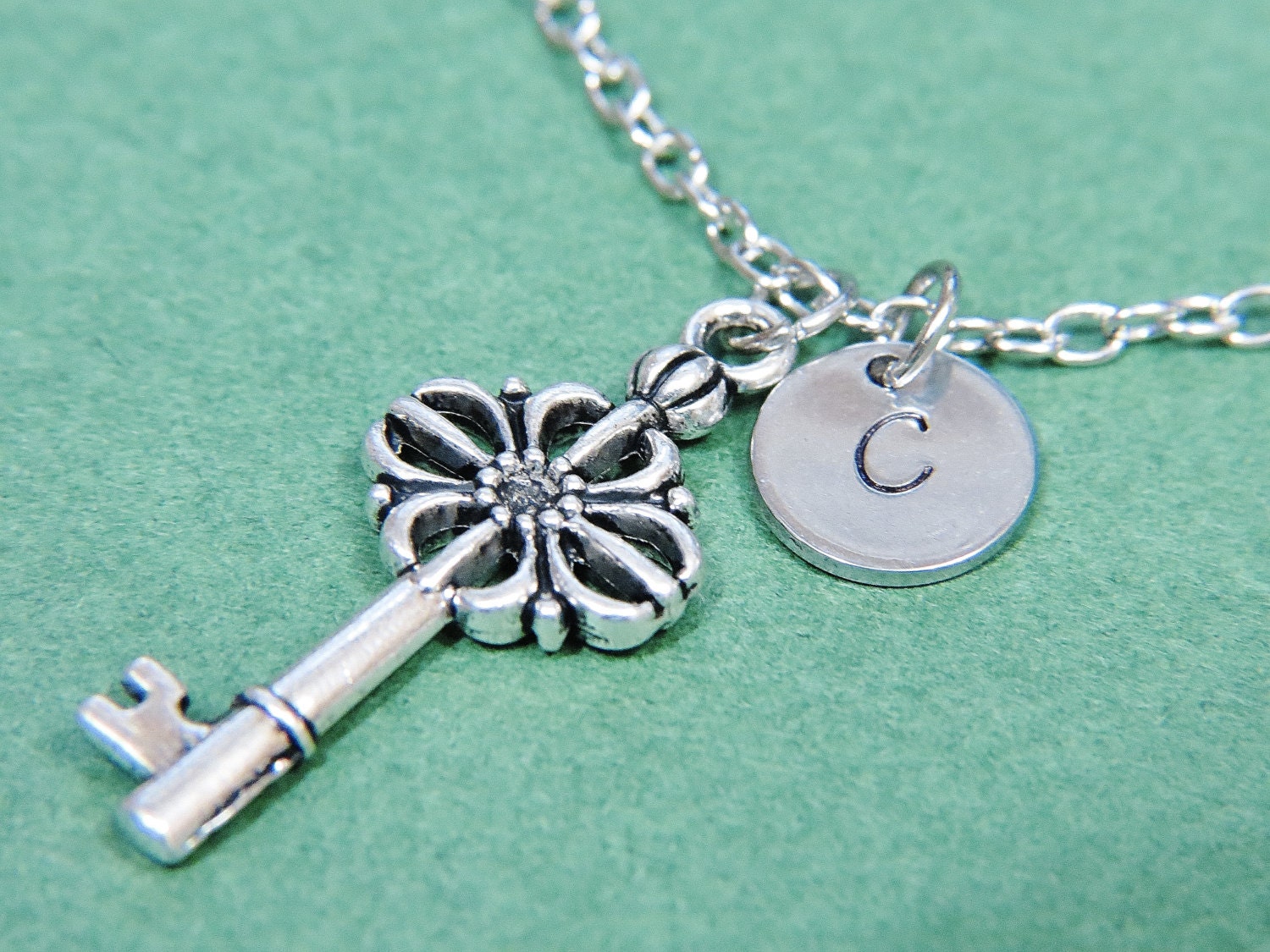 Silver Key Charm Necklace with by HandStampedJewelry55 on Etsy