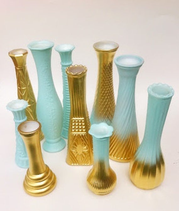 Blue And Gold Vase Set / Wedding Vases / by TheCharmingBillyGoat
