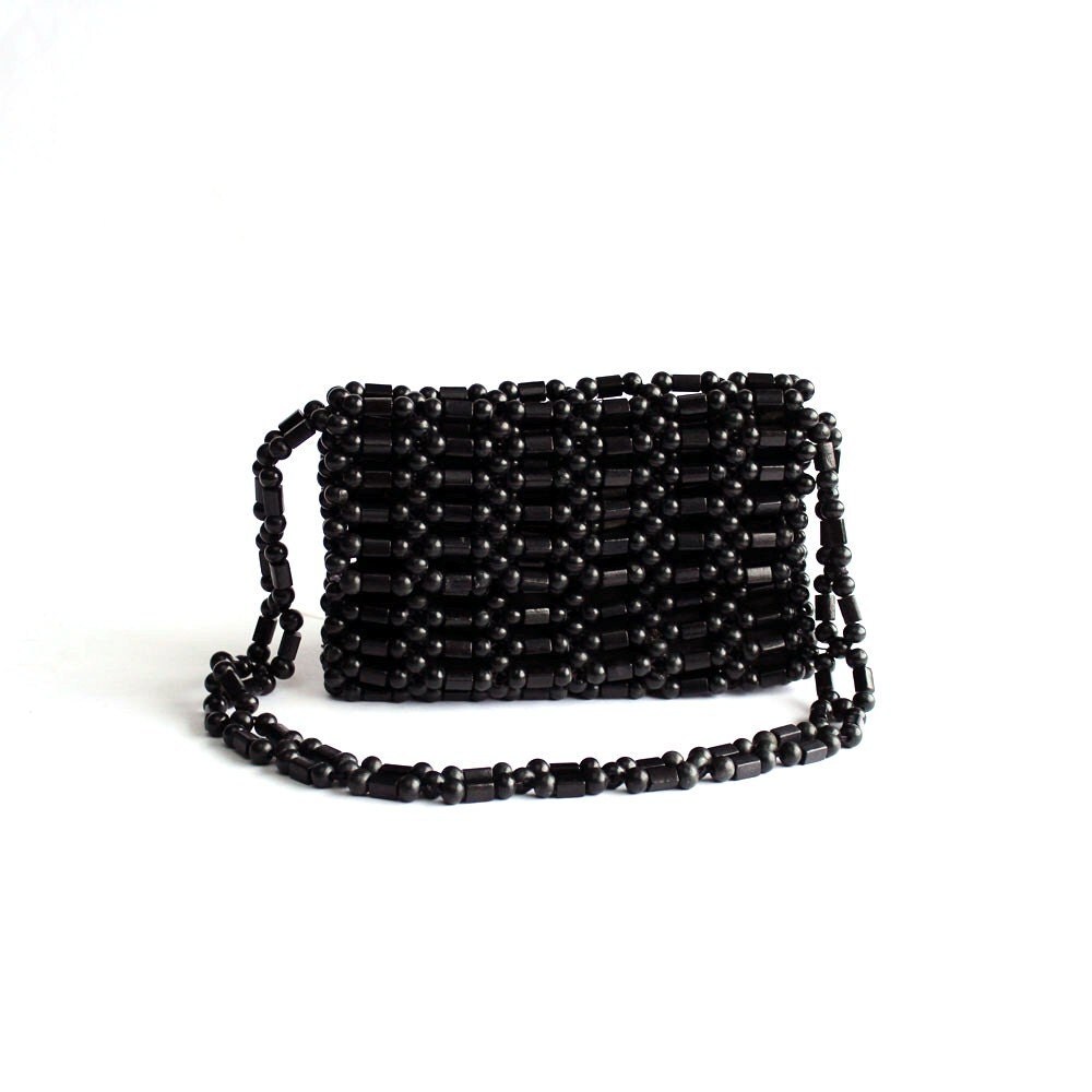 wood beaded purse . black beaded purse . long shoulder strap