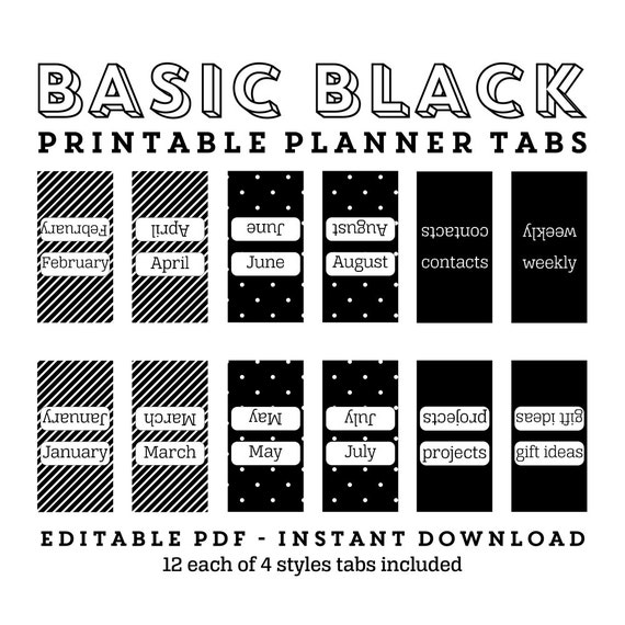 Printable Planner Tabs Basic Black editable