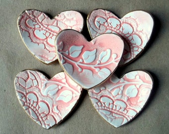 FIVE Coral and White Ceramic Heart ring dish itty bittys bridal Shower Baby shower favors