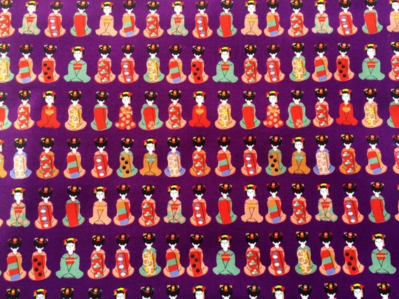 Japanese Fabric - Geisha Fabric - Women in Kimono Fabric - 1 Yard  (F123) Purple Fabric - Traditional Japanese 110 x 100 cm