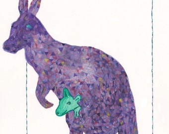 Kangaroo, Kangaroo Art, Mom and Baby, Purple Kangaroo With Green Baby, Original Painting