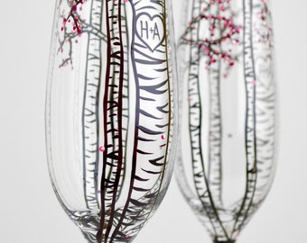 Personalized Birch Tree Champagne Flutes - Set of 2 Hand Painted Spring Wedding Toasting Flutes - Personalized Wedding Glasses