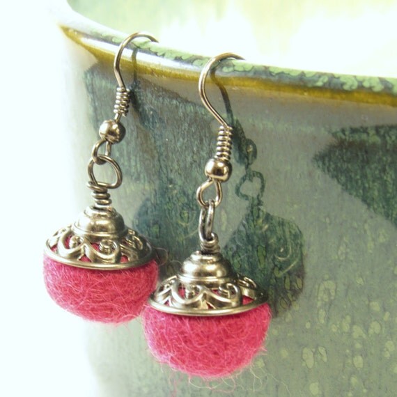 Items similar to Felted Ball Earrings with Decorative Beadcap, Bright