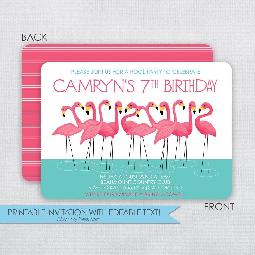 FLAMINGO Pool Party Birthday Invitations Instant by ...