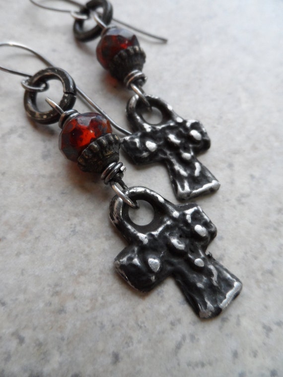 Shed for You ... Pewter Cross, Faceted Czech Glass and Sterling Silver Wire-Wrapped Earrings