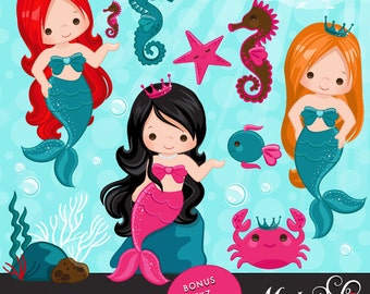 Mermaid Clipart & Under sea graphics, little mermaid characters, seahorse, seashell, crab, turtle, fish, embroidery, printables, applique