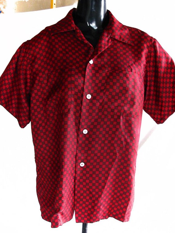 Vintage 1960s Mens Red Checked Sport Shirt 60s John Wannamaker