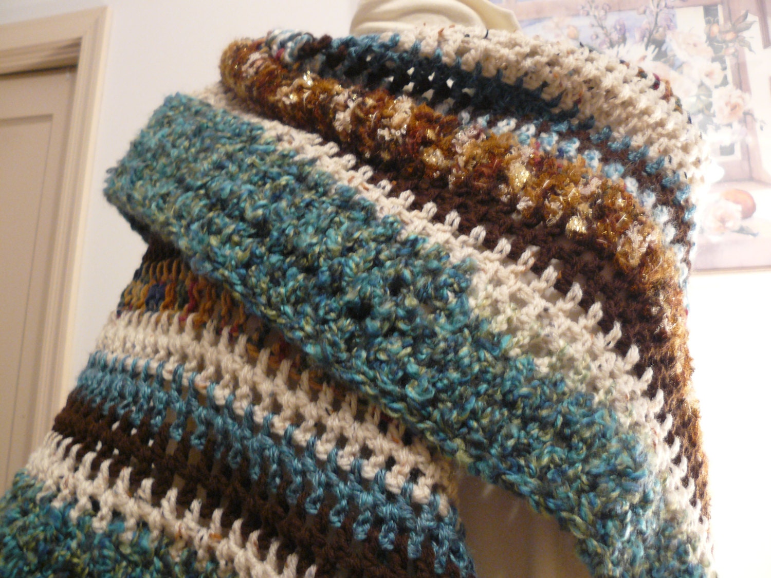 Colorful VShaped Shawl Hand Crocheted Chunky Yarns