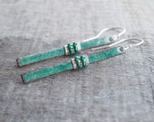 Turquoise enamel sterling silver earrings, stick or bar shaped, wire wrapped, hand enameled