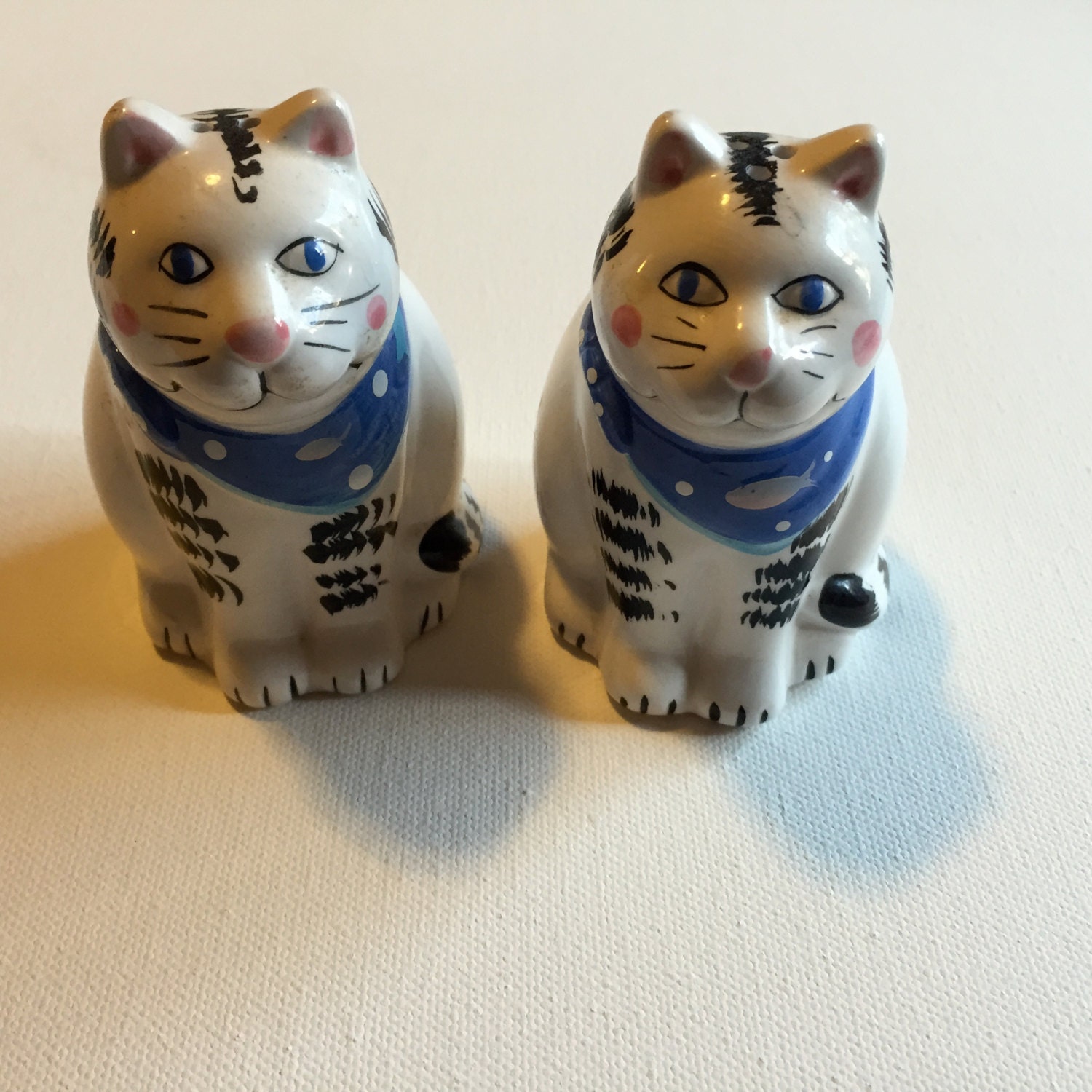 Cat Salt and Pepper Shakers Vintage Black and White Stripe