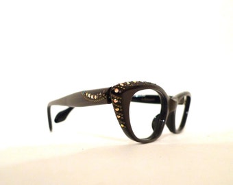 Brown Rhinestone cat eye eyeglasses vintage cat eye glasses frames Cateye frames 60s French Auburn Brown Never Used Embellished Catseyes
