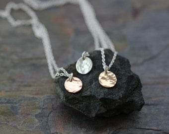tiny necklace, dainty necklace, delicate necklace, mixed metals, gold necklace, silver necklace, rose gold, small disc, hammered medallion