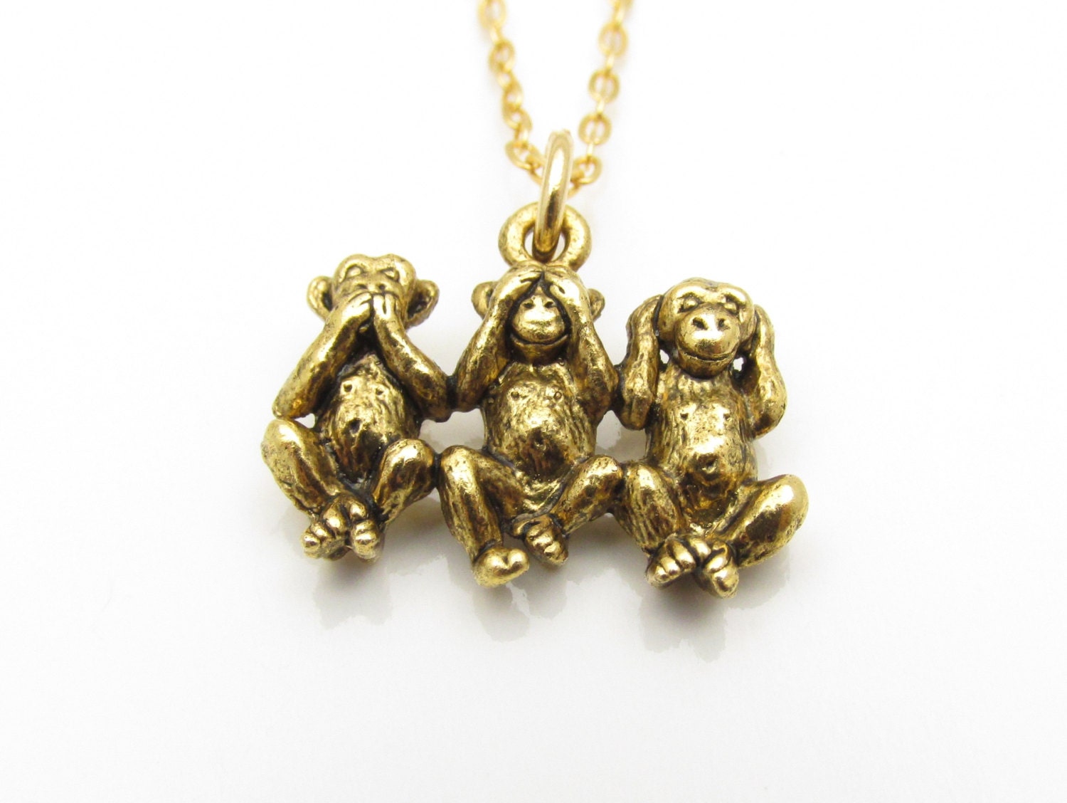 Three Monkeys Necklace Gold Three Wise Monkeys Charm Speak