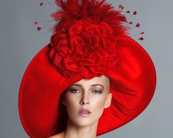 Red Kentucky derby hat, Couture Hat, Fashion Hat, Del mar hat.