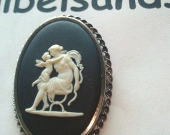 Black White Jasperware Wedgewood Brooch Pendant Mother Child Vintage Jewelry Sterling 1957 Good Condition