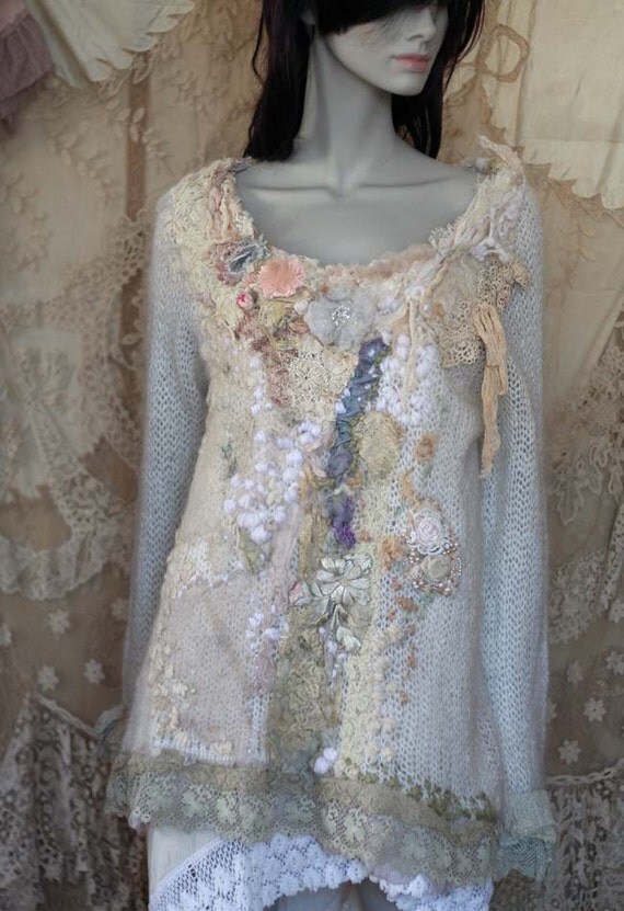 RESERVED  Frozen River sweater, bold bohemian, shabby chic , as seen in Altered Couture magazine W15, reworked, embroidered beaded