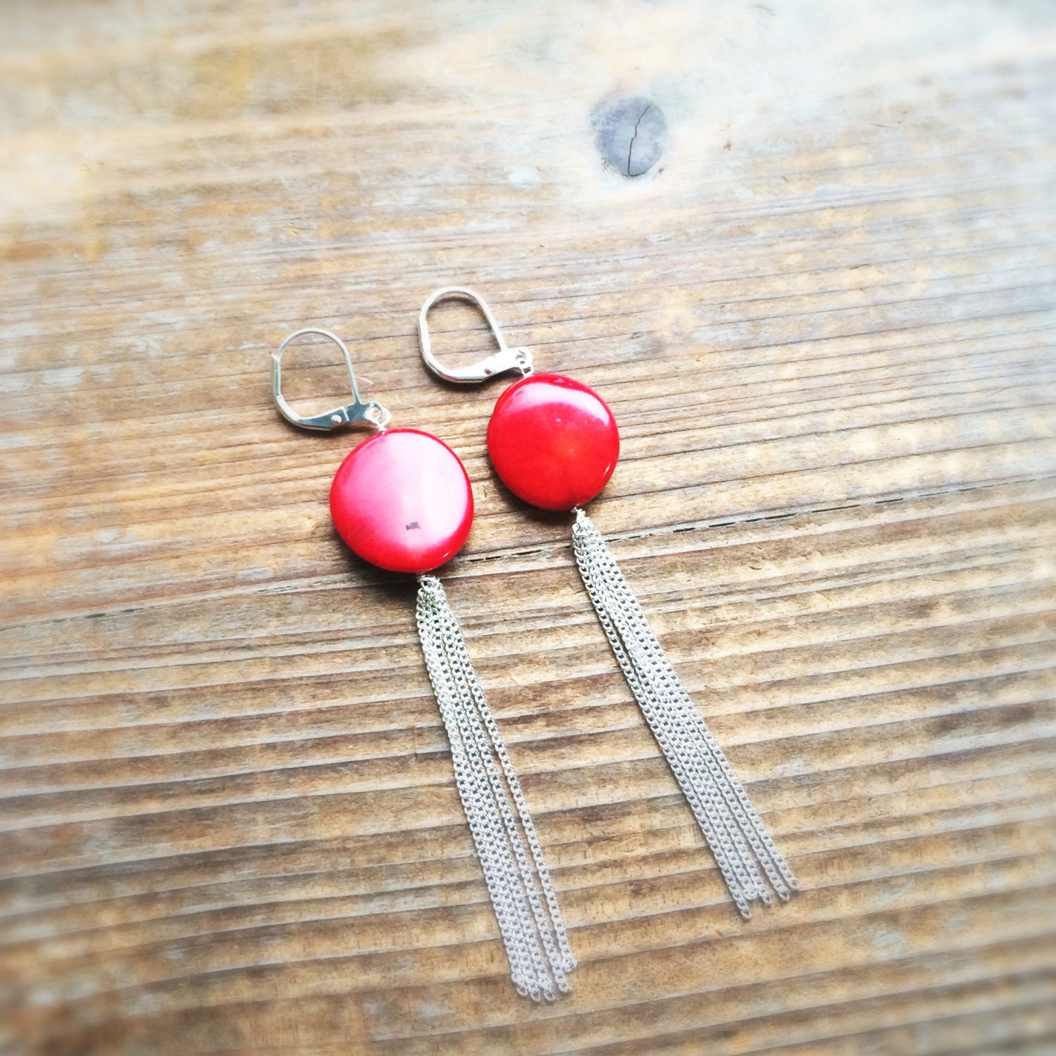 Red Coral Silver Tassel Earrings Gemstone by SalameJewelryDesigns