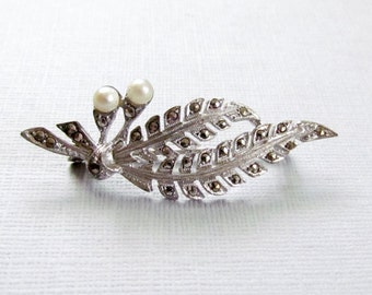 Marcasite Leaf Pin Sterling Silver Pearl Accent