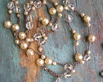Pearl crochet necklace - Gigi - crochet necklace country cowgirl Boho crocheted jewelry barn wedding cream glass pearls bridesmaids gift