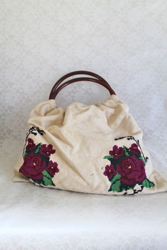 vintage 1960s knitting bag - NEEDLEWORK cloth bag