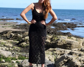 Black Moon, French Vintage, Black Sequin and Bead Evening Party Dress, from Paris