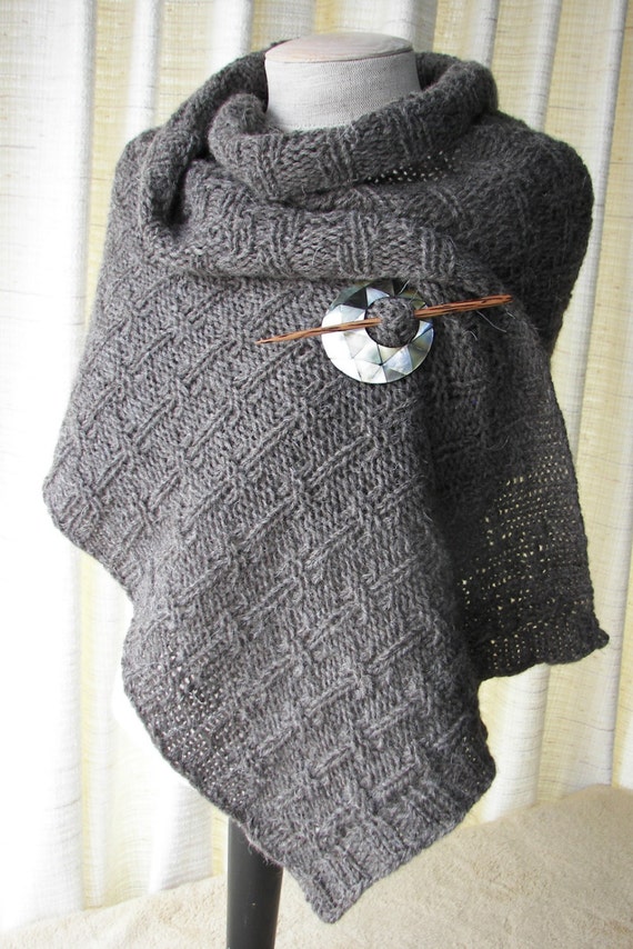 Hand Knit WOOL SHAWL WRAP in Brown Heather Shell Wood by ATIdesign