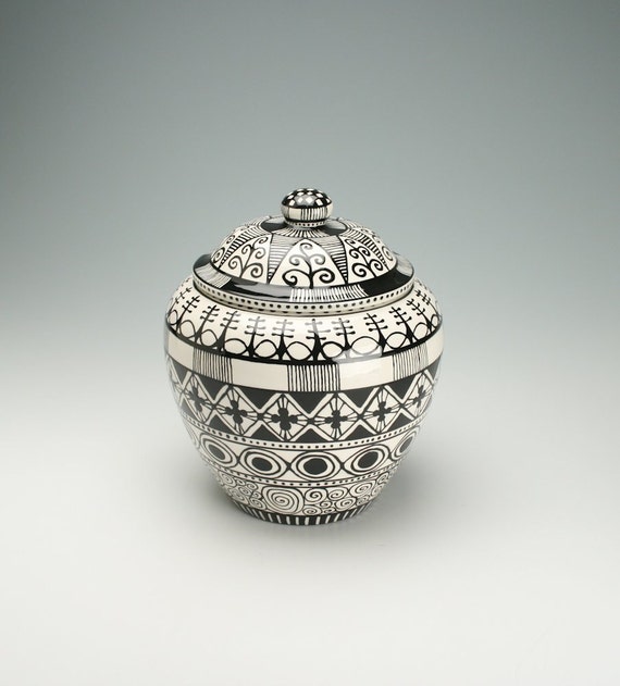 Large Black and White Cookie Jar Hand Painted Designs
