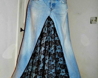 Belle Bohémienne exquisite vintage black rose lace Renaissance Denim Couture bohemian ballroom jean skirt Made to Order