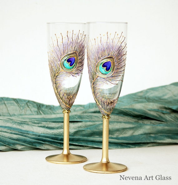 Goldy Peacock Feathers Wedding Toasting by NevenaArtGlass on Etsy