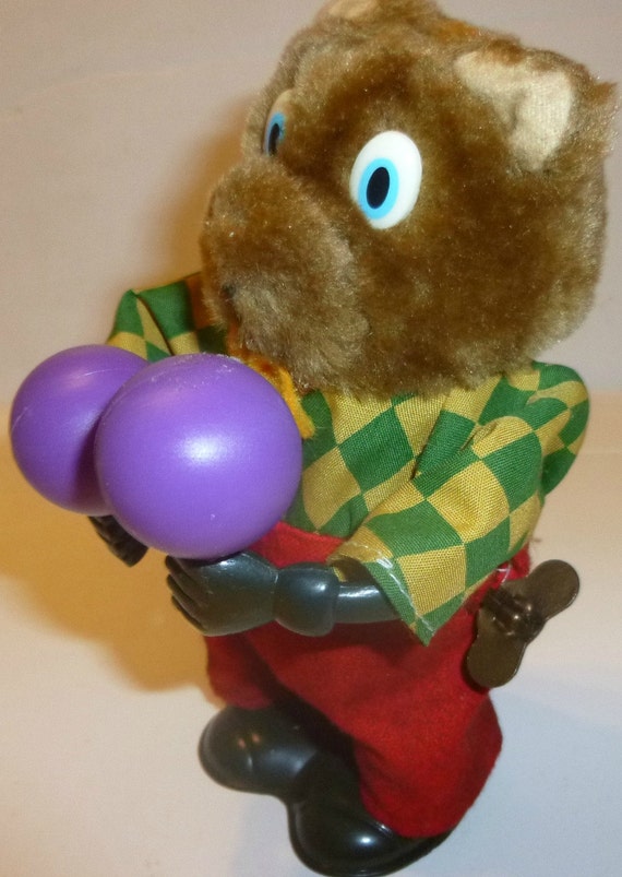 Bear Playing Drum Vintage Wind Up Toy 1970s by thecollectiblechest