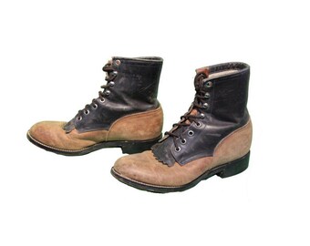 Vintage Lacer Boots Tan & Brown Rustic Leather Lace Up Boots Size 3.5 D