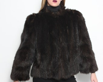 Veste Manteau Vintage Années 1930 - Laine Noire, Col Fourrure Vison, Doublure Satin, Art Déco