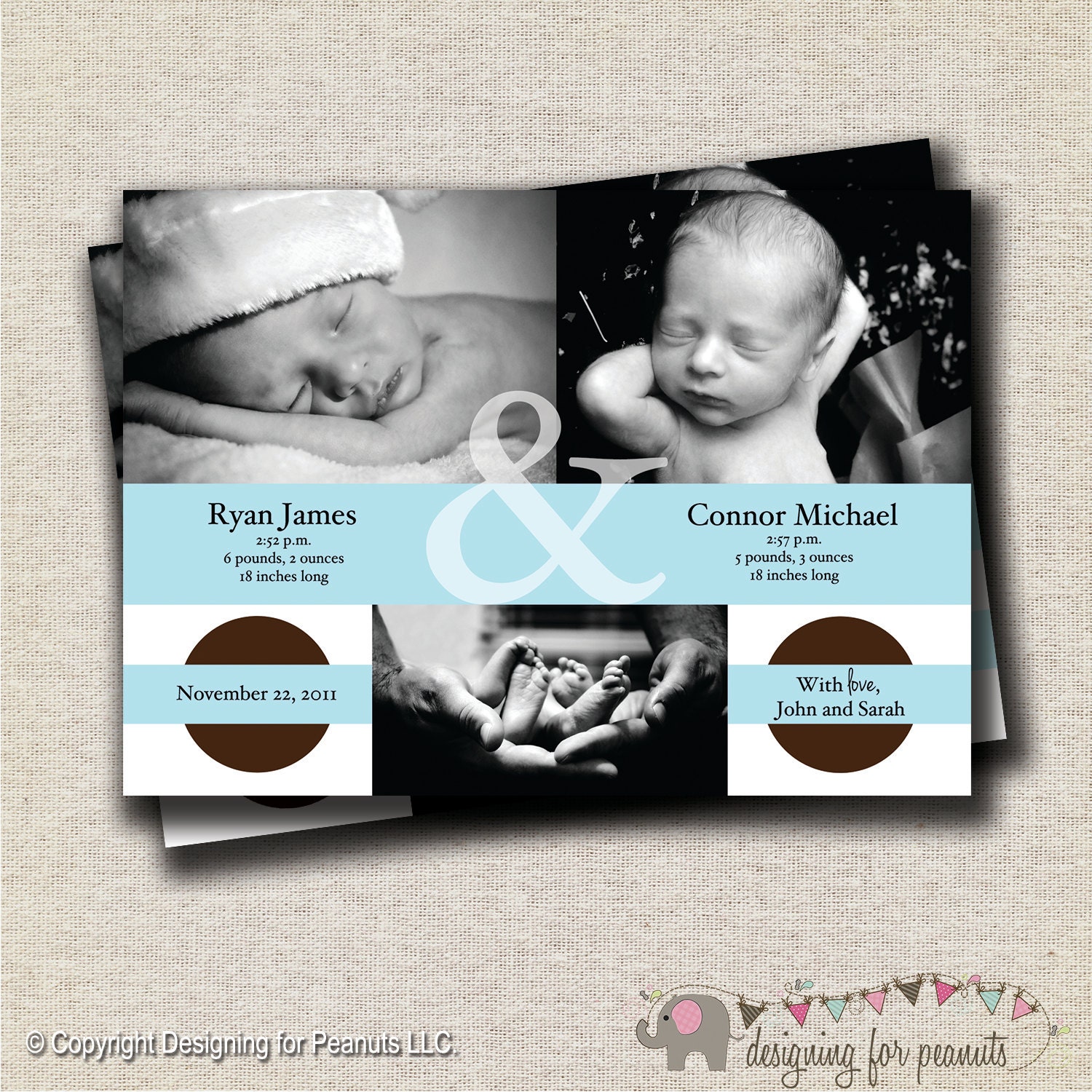 Twins Birth Announcement Card Twins Photo Card Polka Dot