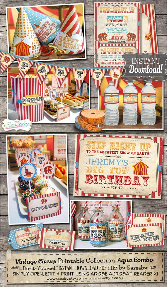 DIY Vintage Circus Party Collection Aqua Combo - INSTANT DOWNLOAD - Printable & Editable Birthday Party Decorations by Sassaby Il_570xn