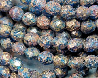 Stone Copper Picasso - Capri Blue Czech Glass Firepolished 6mm Beads -25