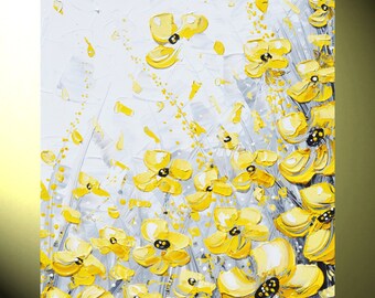 GICLEE PRINTS Art Yellow Grey Abstract Painting Wall Decor Flowers Modern Textured Coastal Canvas Print Gold White XL size to 60" -Christine