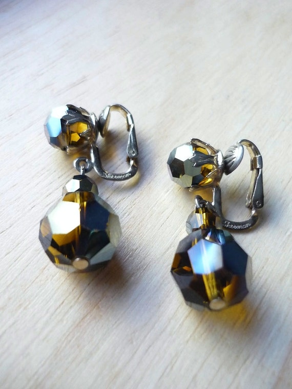 Vintage Sherman rhinestone earrings / signed Sherman clipon