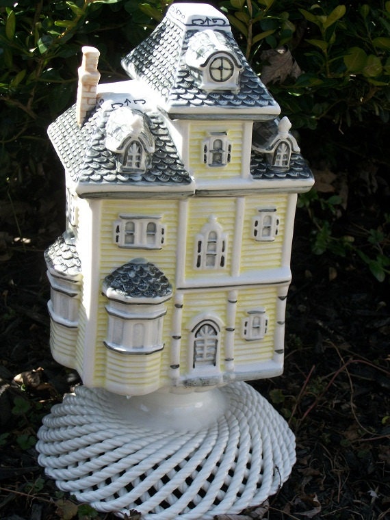 Yellow & Gray Victorian House Garden Decor by BeaUniqueDesigns