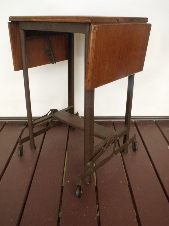Typewriter Stand Wood Top HiLo Wheels Metal Typing Table