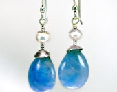Aquamarine & Sterling Drop Earrings, Large Briolette, Freshwater Pearl, Silver wrapped drop, March Birthstone, gift, blue gemstone earrings,